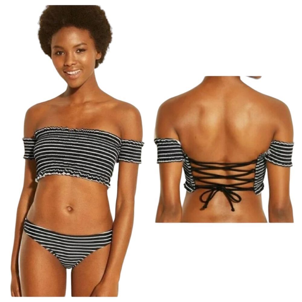 Xhilaration Shirred Stripe Smocked Off-The-Shoulder Lace Up Corset Back Swim Top